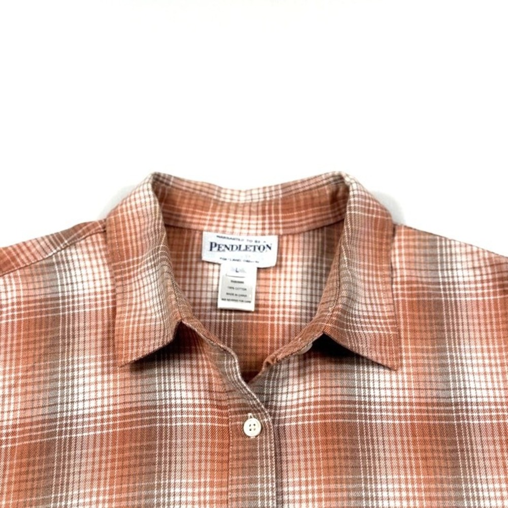 Vintage Pendleton Plaid Flannel‎ Shirt Button Up Cotton Coral Tan Size L